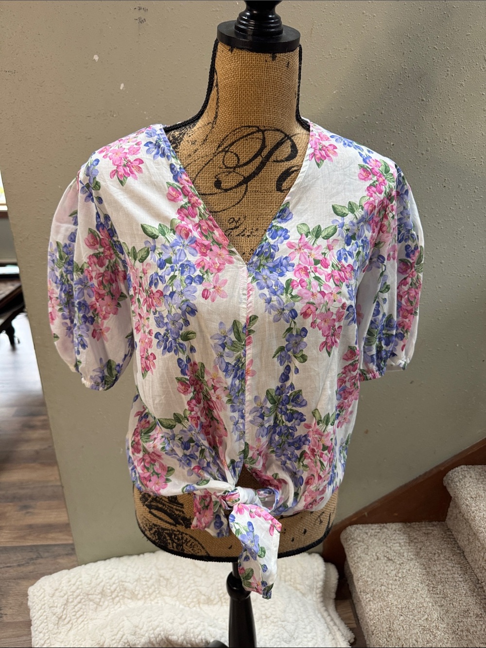 Floral Tie-Front V-Neck Top - Pink & Purple